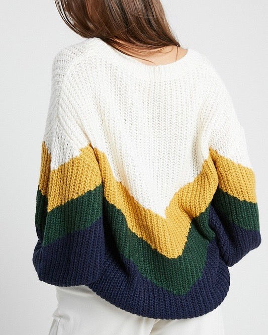 Final Sale - The Way You Look Long Sleeve Chevron Striped V-Neck Sweater in Navy