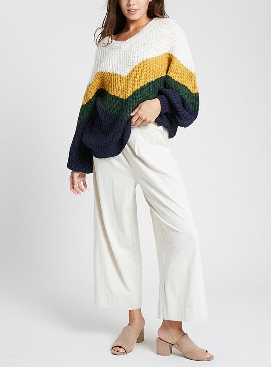 Final Sale - The Way You Look Long Sleeve Chevron Striped V-Neck Sweater in Navy