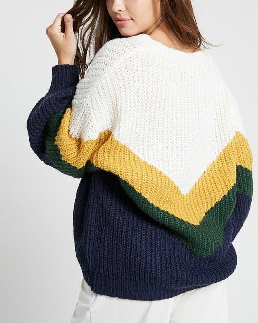 Final Sale - The Way You Look Long Sleeve Chevron Striped V-Neck Sweater in Navy