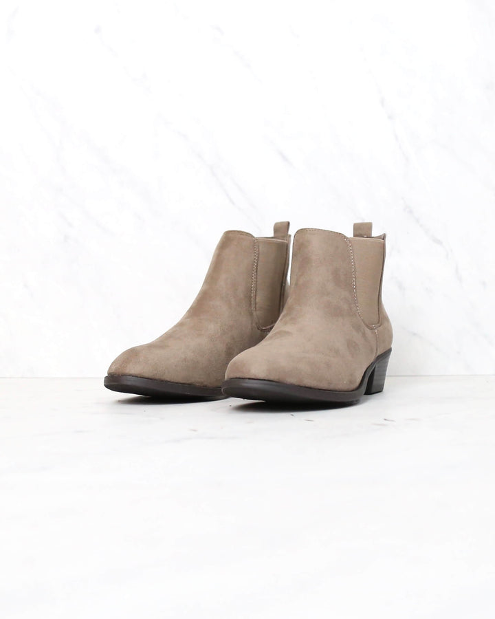 Low Heel Slip On Solid Faux Suede Ankle Booties - Taupe