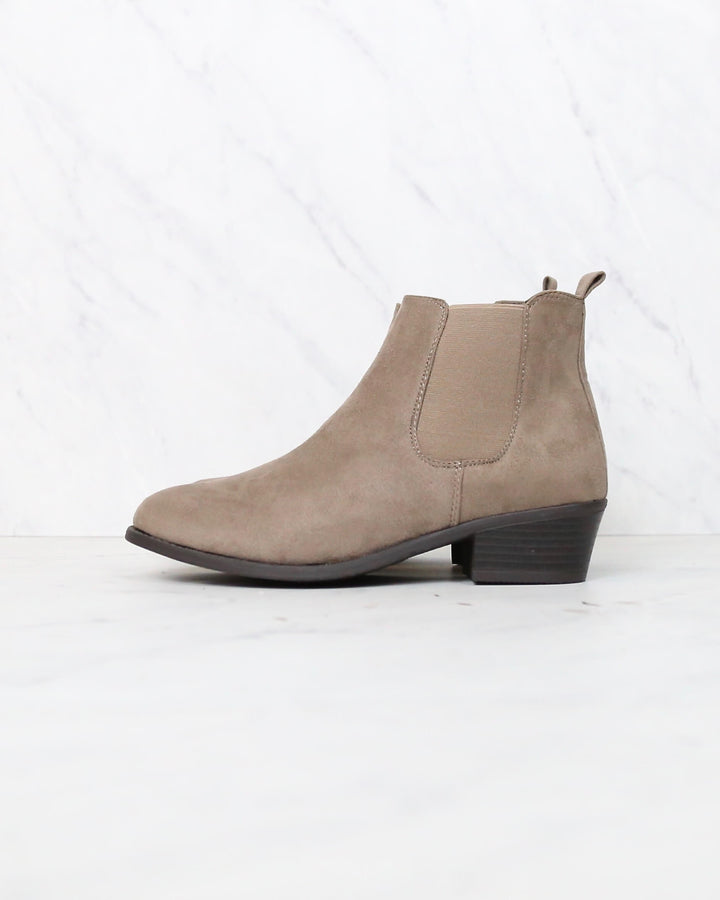 Low Heel Slip On Solid Faux Suede Ankle Booties - Taupe