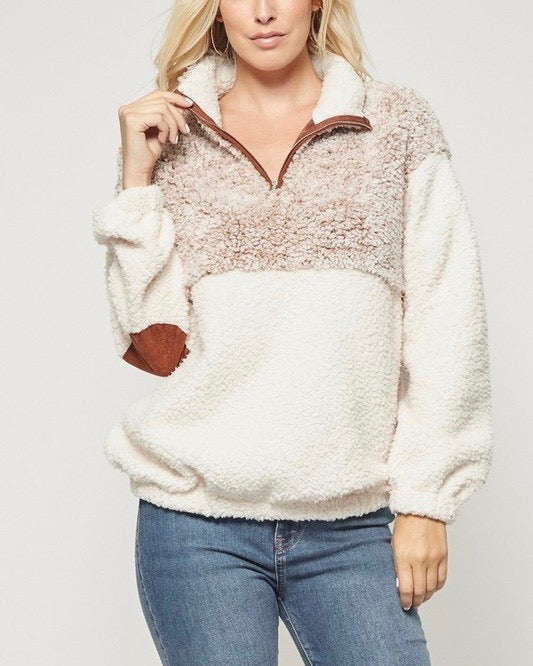 Two Tone Shearling Top with Suede Contrast Elbow Detail in Mocha