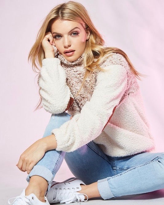 Two Tone Shearling Top with Suede Contrast Elbow Detail in Mocha