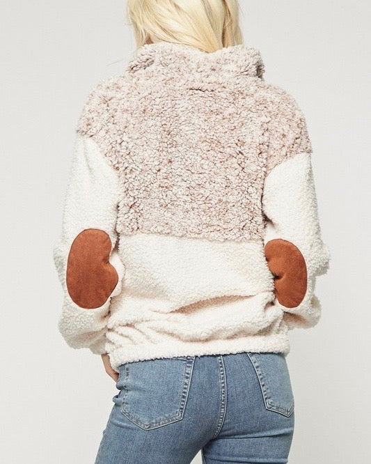 Two Tone Shearling Top with Suede Contrast Elbow Detail in Mocha