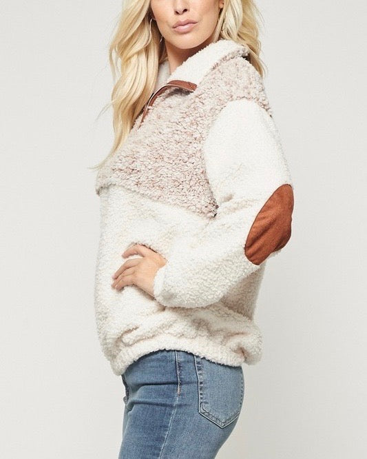 Two Tone Shearling Top with Suede Contrast Elbow Detail in Mocha