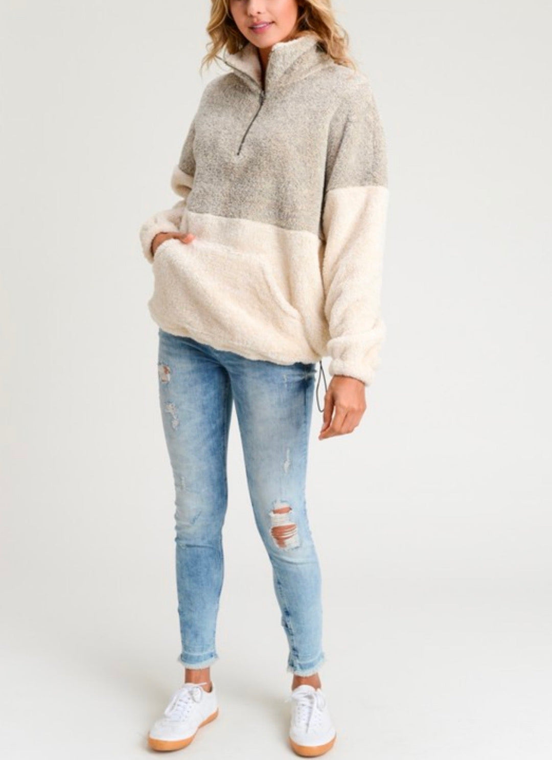 Two Tone Sherpa Half-Zip Pullover - Taupe/Cream