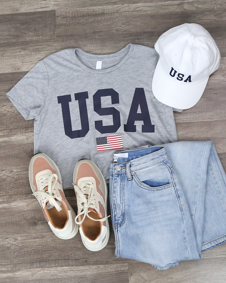 crop top - usa - patriotic - graphic tee - basics - distracted - heather grey