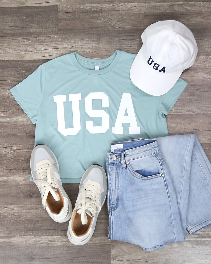 crop top - usa - patriotic - graphic tee - basics - distracted - dusty blue