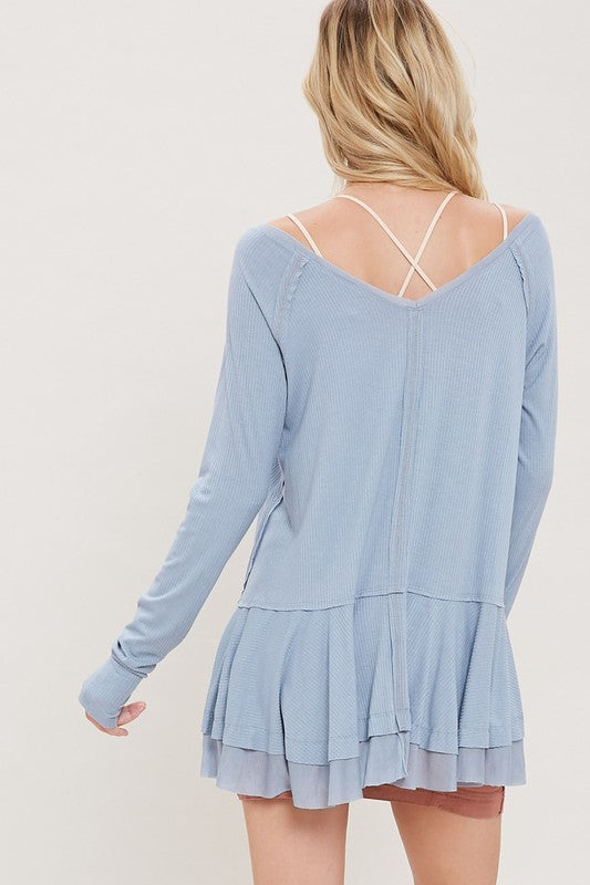 V-Neck Raglan Linen Ruffled Double Hem Top with Thumb Holes in Misty Blue