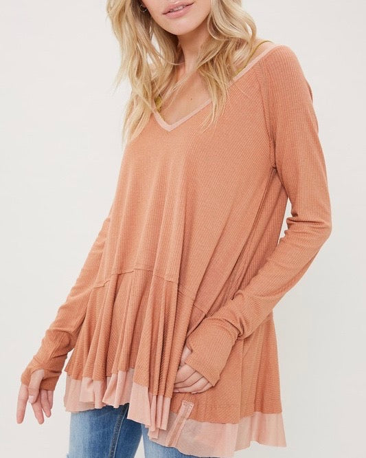 V-Neck Raglan Linen Ruffled Double Hem Top with Thumb Holes in Ginger