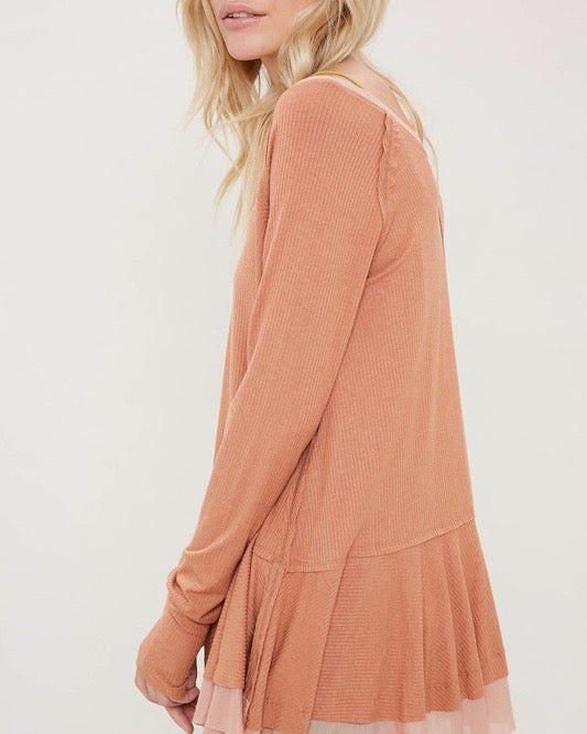 V-Neck Raglan Linen Ruffled Double Hem Top with Thumb Holes in Ginger