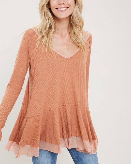 V-Neck Raglan Linen Ruffled Double Hem Top with Thumb Holes in Ginger