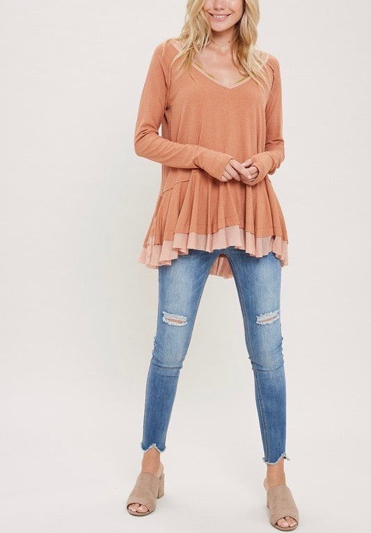 V-Neck Raglan Linen Ruffled Double Hem Top with Thumb Holes in Ginger