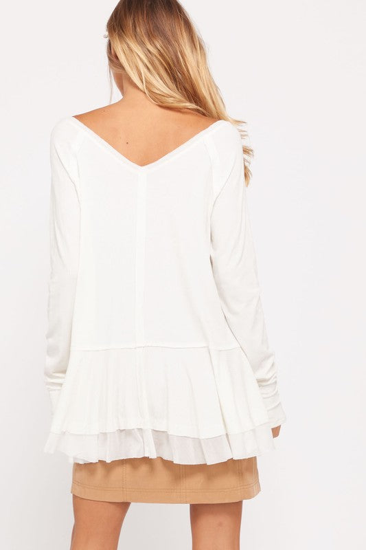 V-Neck Raglan Linen Ruffled Double Hem Top with Thumb Holes in Ivory