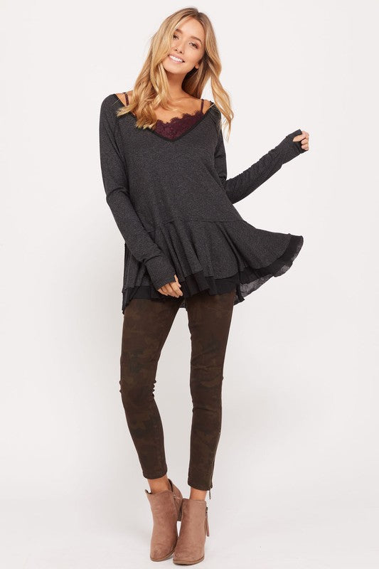 V-Neck Raglan Linen Ruffled Double Hem Top with Thumb Holes in Metallic Black