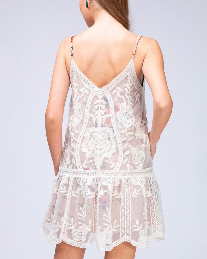 Care About You V-neck Lace and Floral Print Dress in Natural