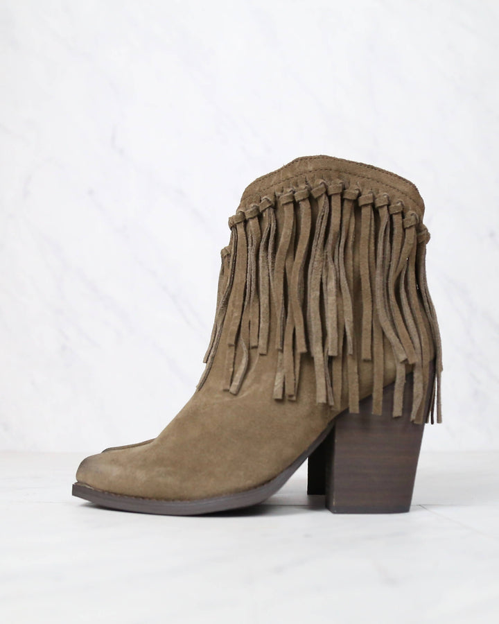Very Volatile - Cupid Fringe Ankle Booties in Khaki