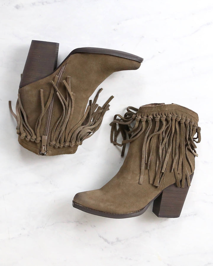 Very Volatile - Cupid Fringe Ankle Booties in Khaki