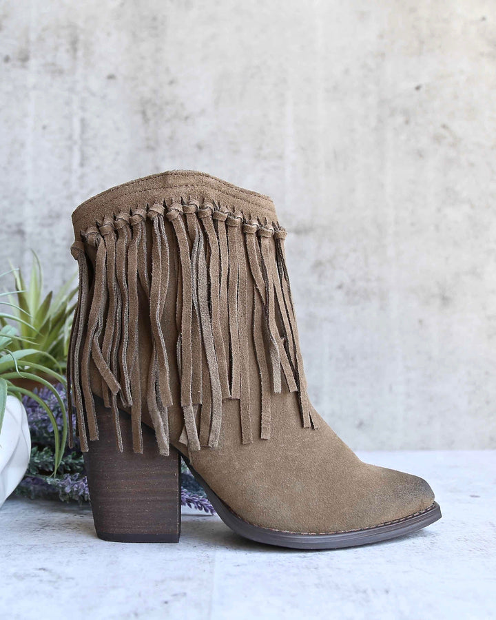Very Volatile - Cupid Fringe Ankle Booties in Khaki
