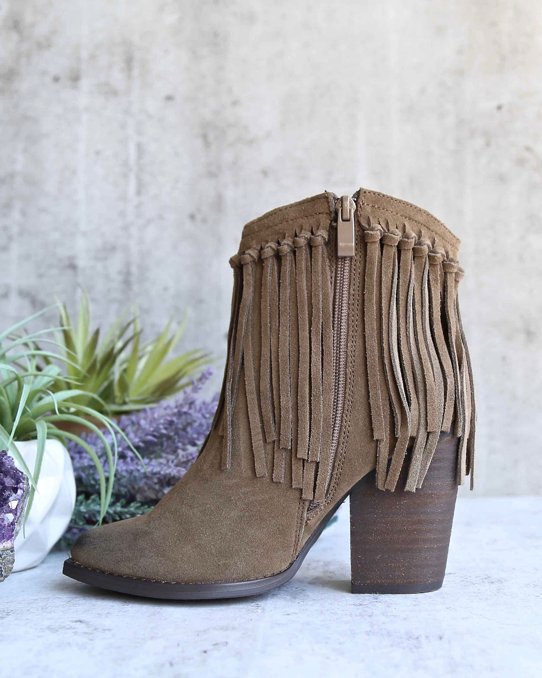 Very Volatile - Cupid Fringe Ankle Booties in Khaki