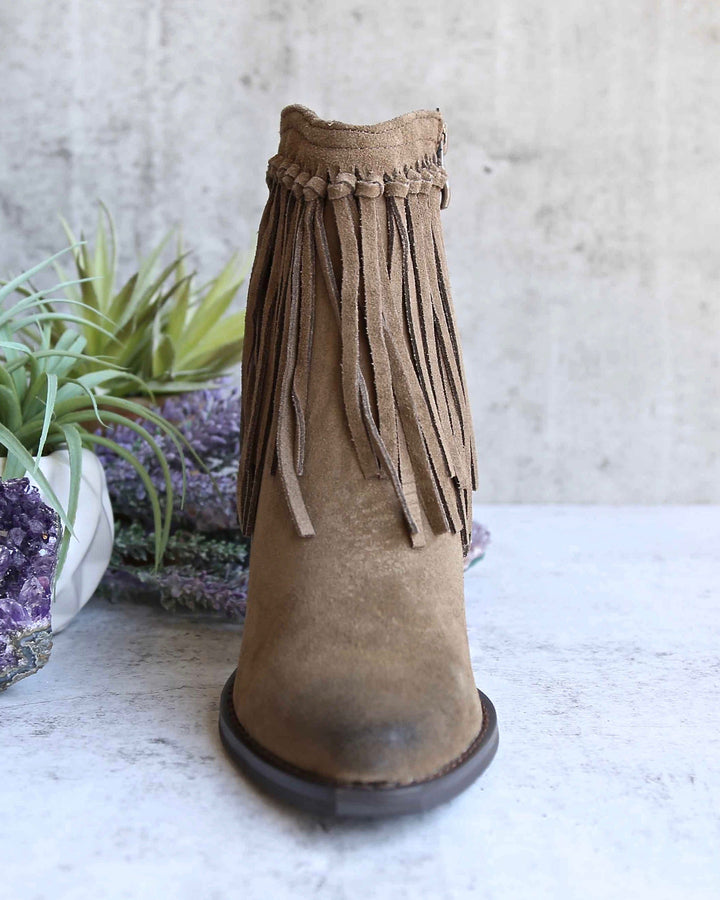 Very Volatile - Cupid Fringe Ankle Booties in Khaki