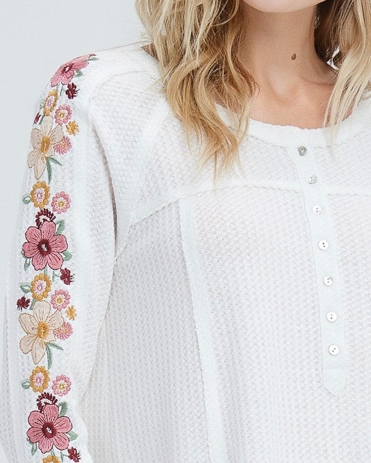 Where Your Love Lies Waffle Knit Embroidered Long Sleeve Henley Thermal Top in Ivory