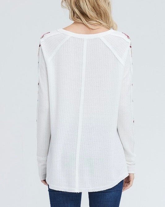 Where Your Love Lies Waffle Knit Embroidered Long Sleeve Henley Thermal Top in Ivory