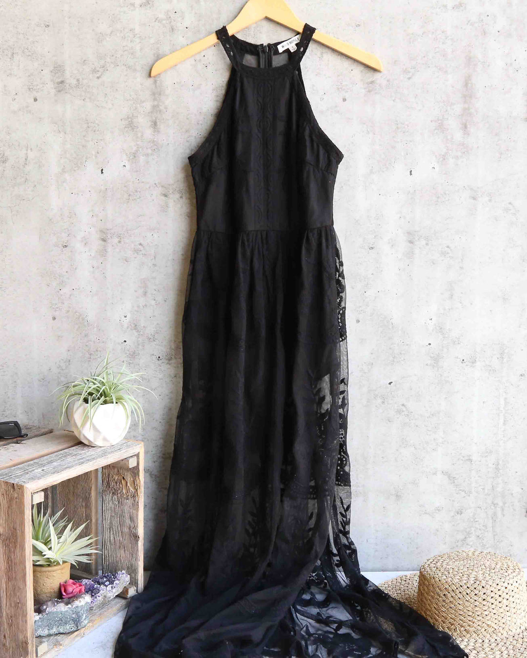 as you wish sleeveless halter maxi romper embroidered lace dress - black