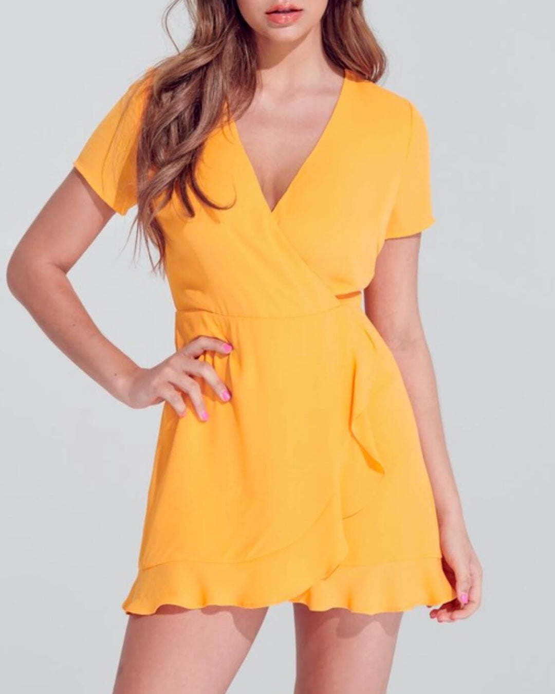 Wild Tangerines Faux Front Wrap Mini Dress with Ruffled Hem