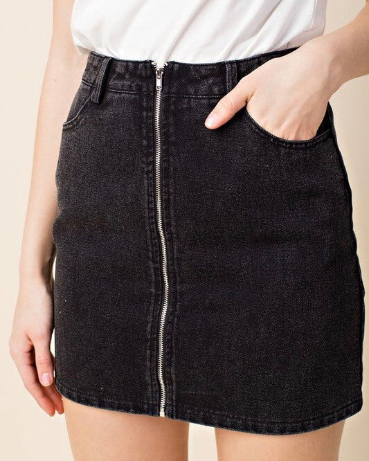 Wild Honey - Run This Town Denim Zip Skirt in Black