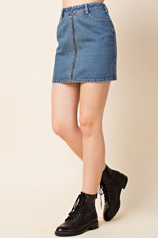 Honey Punch - Run This Town Denim Zip Skirt in Medium Denim Wash